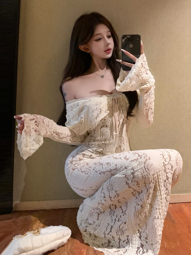 Französisch Retro One-schulter Spitze Ausschnitt Design Ausgestellte-hülse Kleid Für Frauen Herbst High-end-Luxus Schlank party Abendkleid Robe