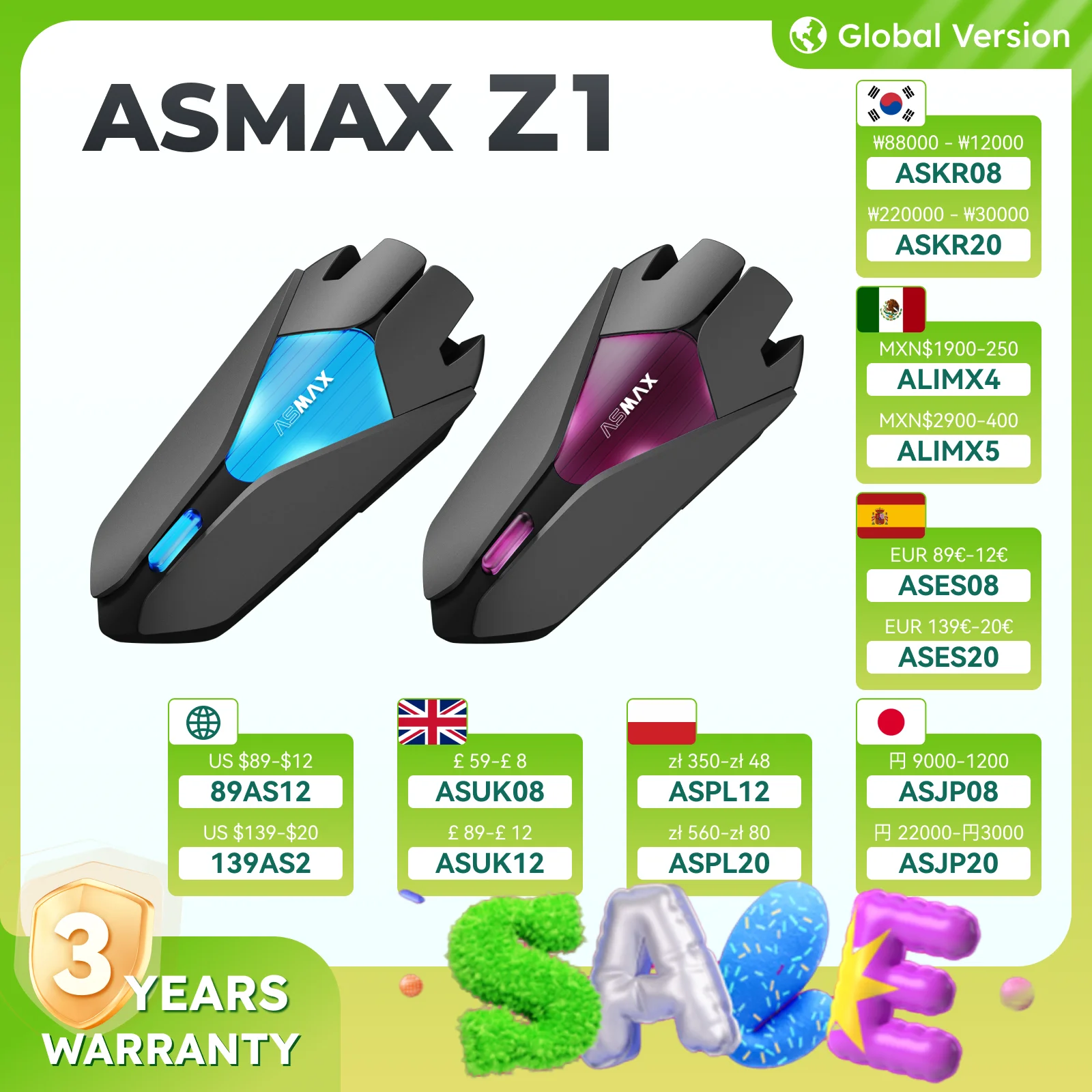ASMAX Z1 Motorcycle Bluetooth Intercom, IP67 Waterproof Helmet Headset, 2 Chips 8-Core, HIFI Speakers, ENC, 42min Fast Charging