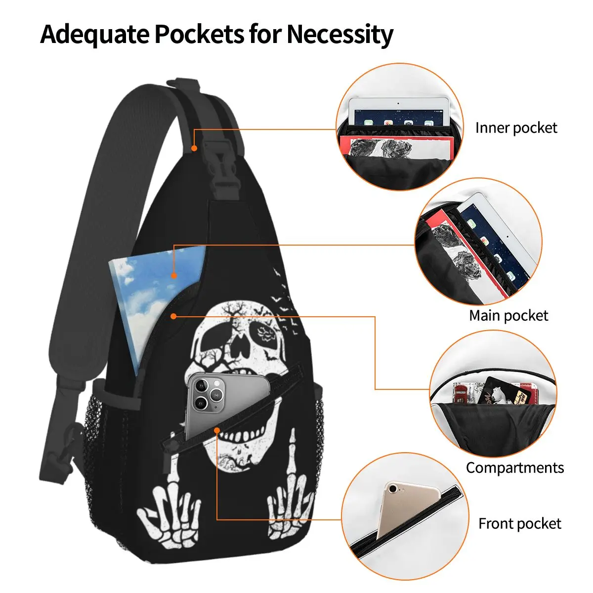 Skeleton Skull Hands Gestures Sling Bag Chest Crossbody Shoulder Backpack Outdoor Hiking Daypacks Cool Pack