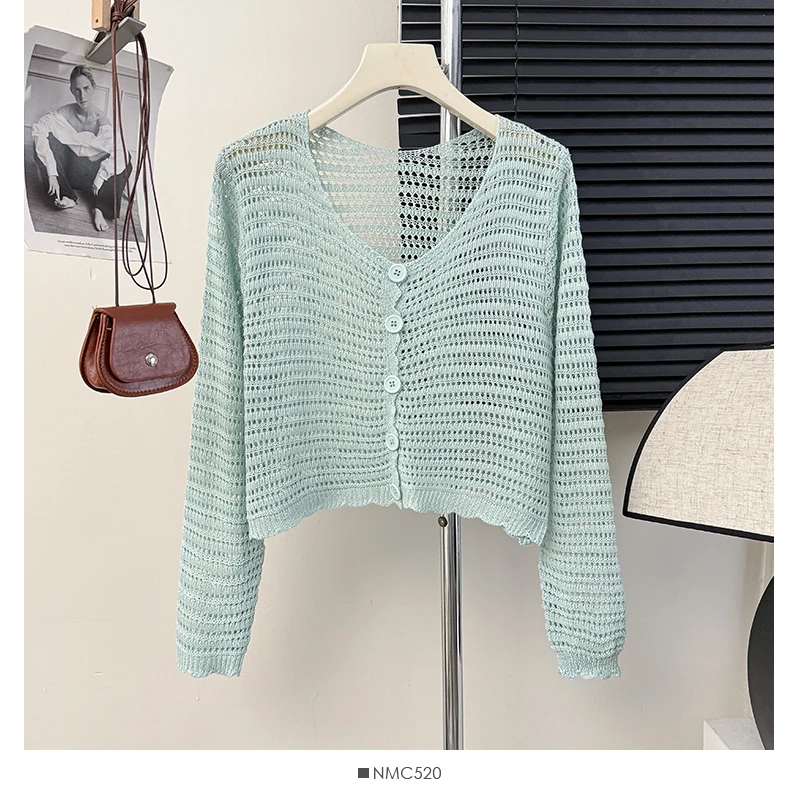 Pointelle Knit Long Sleeve Button Front Crochet Crop Top Cardigan Jacket for Women Cover-Up Spring Summer Y2K Grunge Outfit