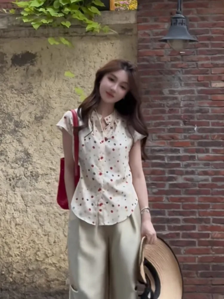 

Polka Dot Design ort Sve irt Single Button High End European Brand Summer Faion Top Women's Silk Blouse