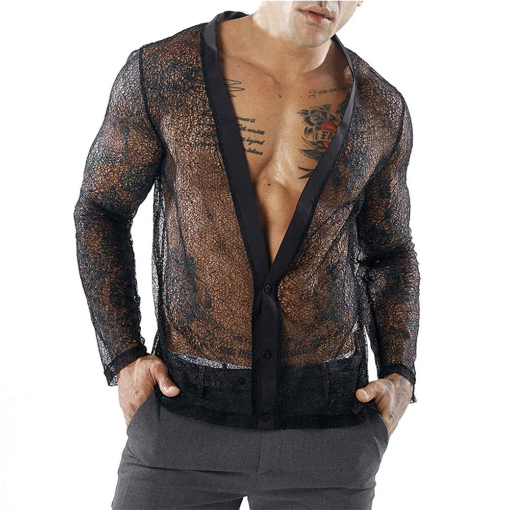 Comfortable Shirts Transparent Cardigan Casual Deep V-neck Fashion Long Sleeve Long-sleeved Men Mesh See Through