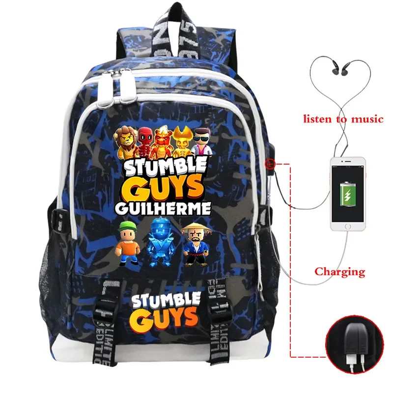 Game Stumble Guys Backpack Teenager Students School Bag USB Charging Port Laptop Bag Cartoon Nylon Rucksack Boys Bookbag Mochila