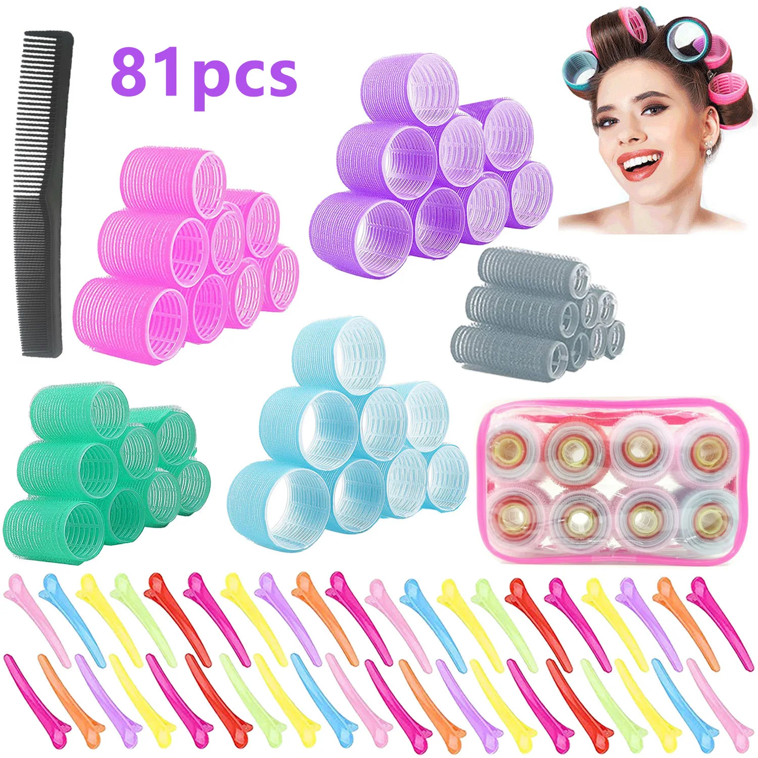 

81PcsHair Rollers Self Grip Hook Hair Curlers Heatless Hair Roller Salon Hair Dressing Curlers Jumbo Size Sticky Hair Styling To