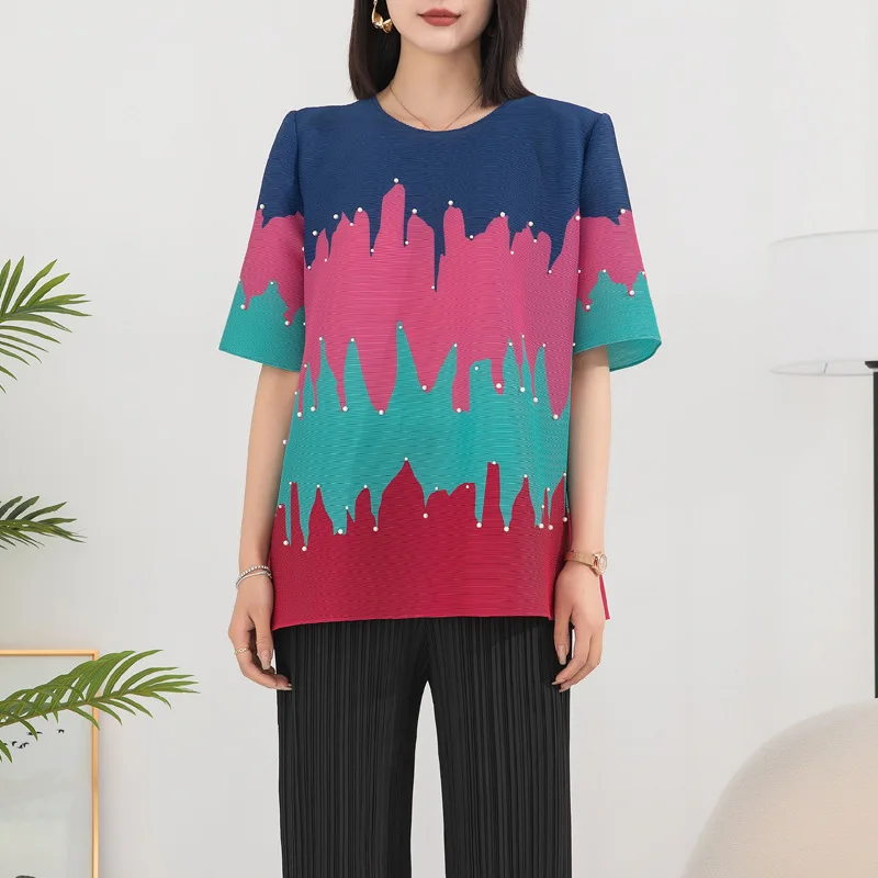 

Printed T-Shirts Women's Clothing 2023 Summer New Round Neck Short Sleeved Loose Stretchable Miyake Pleated Tops For Female