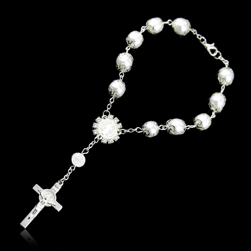 Imitation Pearl Beads Catholic Rosary Catholic Holy Communion Silver Color Crucifix Pendants Cross Bracelet Halloween Gift