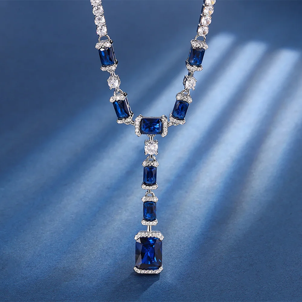Sparkling 8*10MM Ruby Sapphire Gemstone Pendant Necklace for Women Vintage High Carbon Diamond Cocktail Party Fine Jewelry Gift