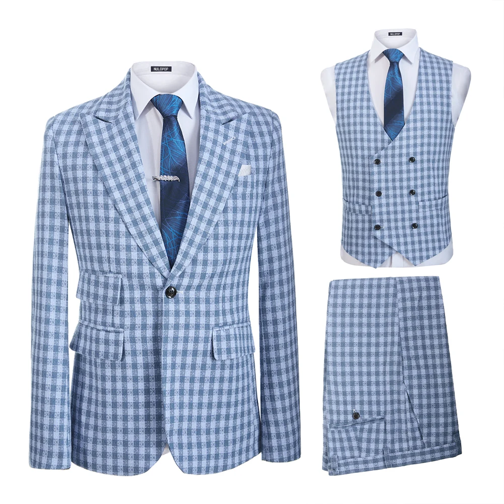 

Men Suit Blazer Blue Plaid Fashion New Style Single Breasted Peaked Lapel Luxury Jacket Pants Vest Piece Slim Fit Terno Custom