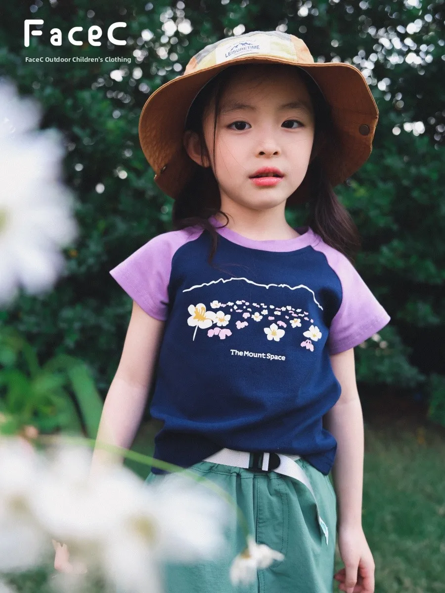 Lightweight Short Sleeve T-Shirt for Girls Outdoor Shoulder Insert Splice Slim Fit Elastic Summer New Style Mountain Series F...