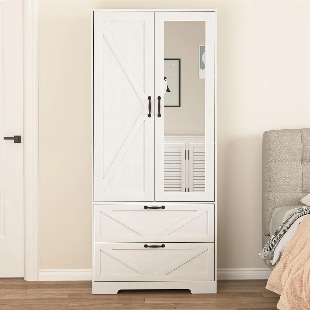 

Wardrobe Closet with Mirror and 2 Drawers, 72'' Bedroom Armoire Wardrobe Cabinet with Hanging Rod and Light,Wooden Bedroom