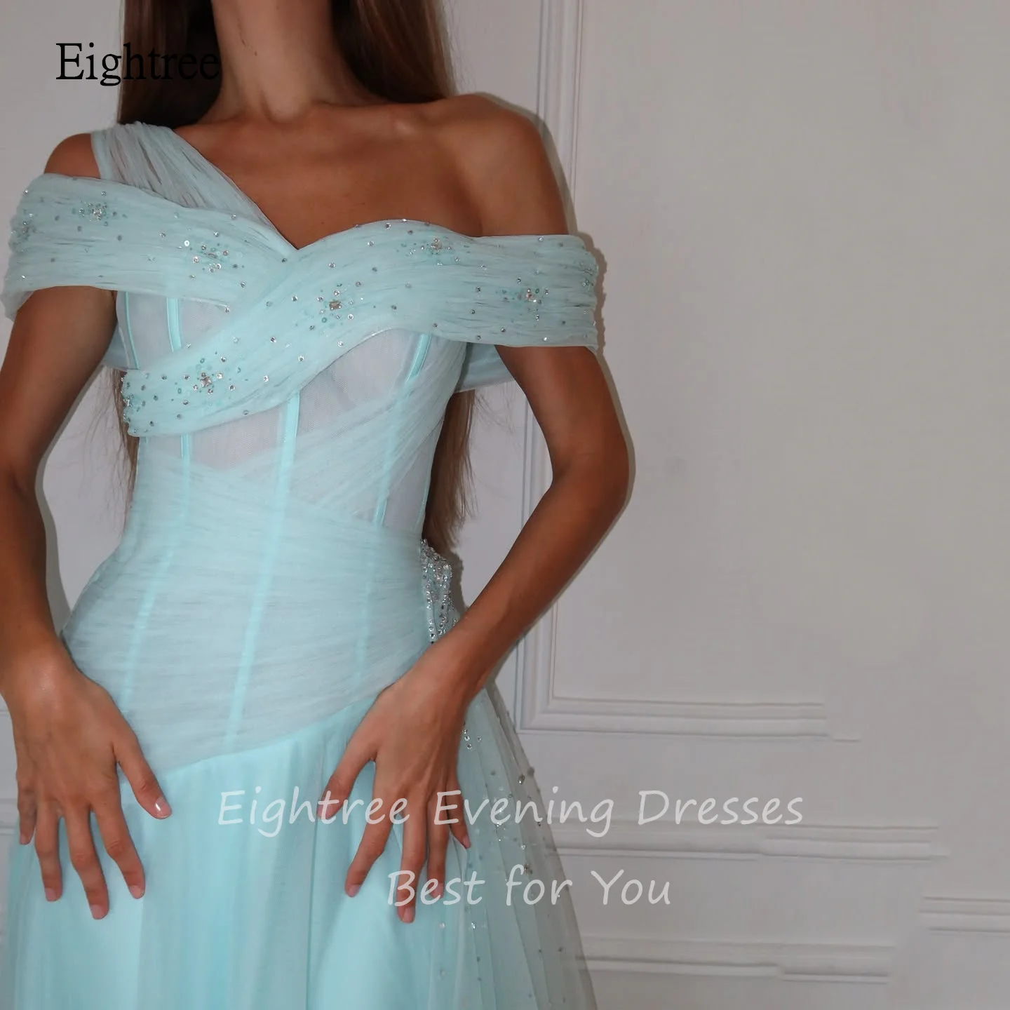 Eightree おとぎ話アクアブルー A ラインウエディングドレスオフショルダービーズパーティードレスフロアレングスガールドレスガウンカスタマイズ