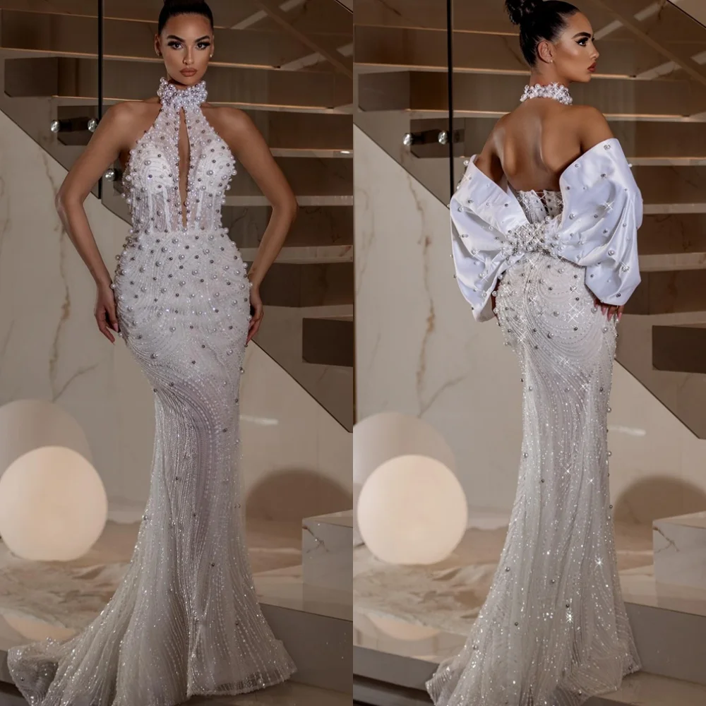

Customized High Quality White Organza Evening Dress Formal High Neckline Long Sleeves Lace Up Back Beading Homecoming Dress