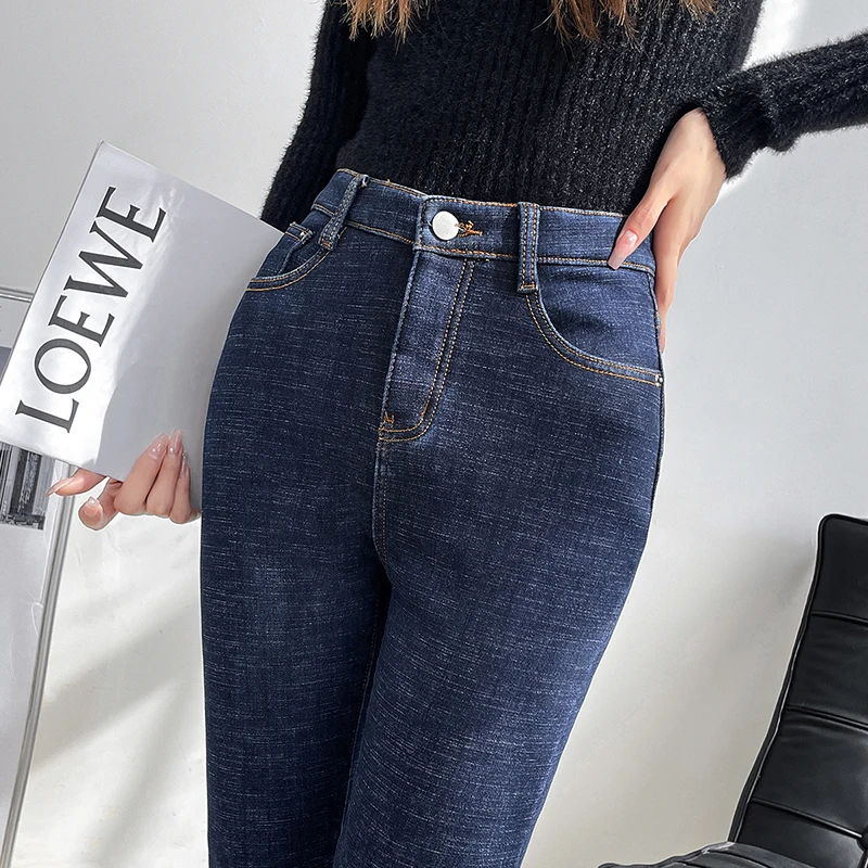 Slim Fleece Women's Jeans Pencil Pants Winter Women Plush Stretch Vaqueros Trousers Mid Waist Thicken Warm Denim Spodnie