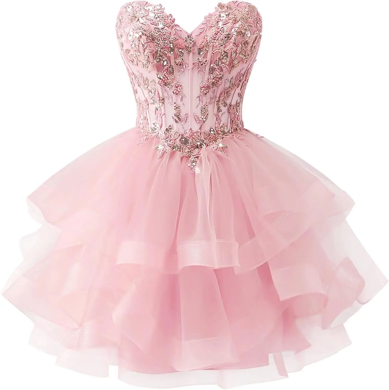 Gelaagde Tule Homecoming Jurken Strapless Kant Applique Kralen Korte Galajurk voor Tieners Quinceanera DAMA Jurk