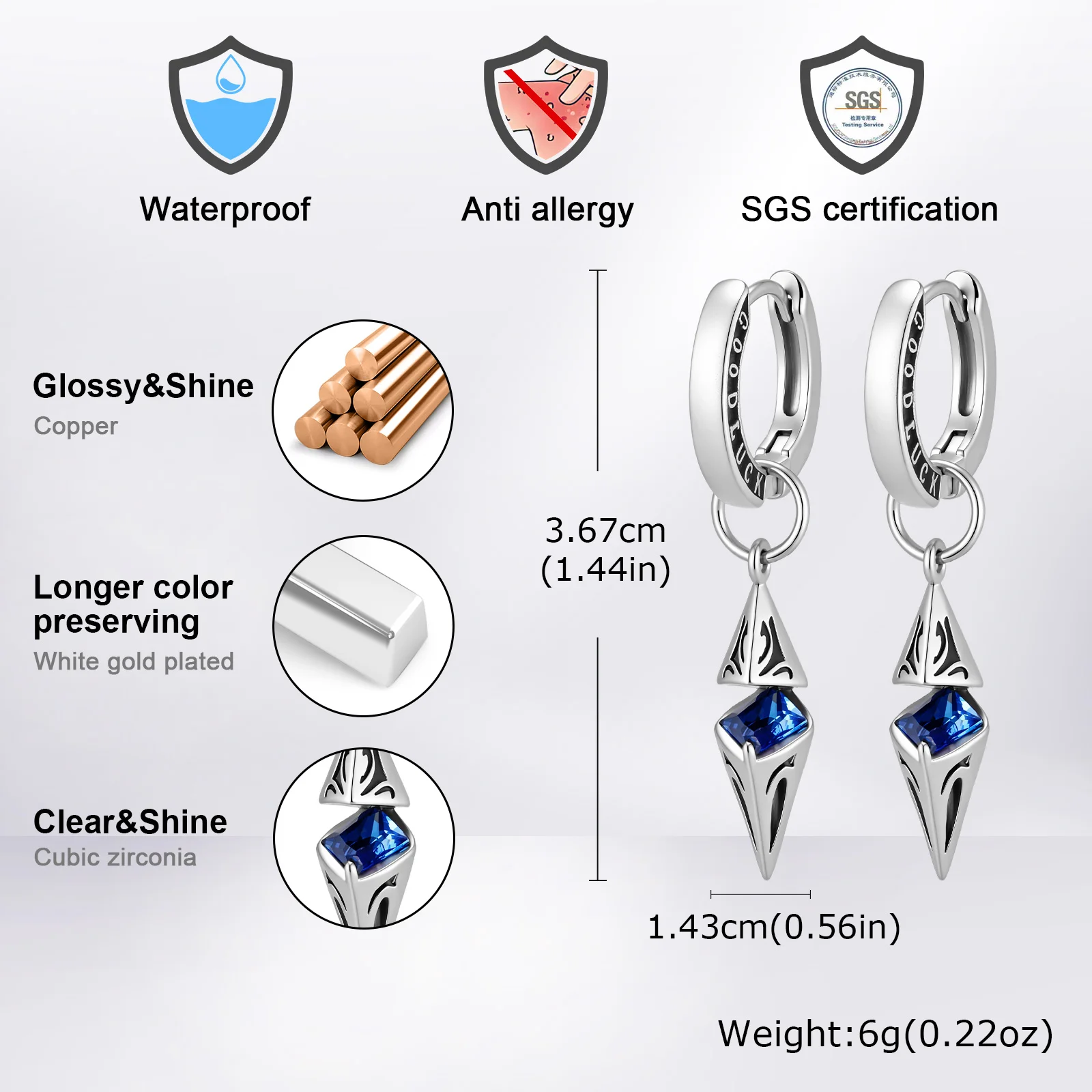Stilvolle blaue Stein-Hängeohrringe für Herren, Persönliche Zirkon-Geometrische Würfel-Anhänger-Ohrringe, Modischer Party-Punk-Schmuck als Geschenk – Detail 6