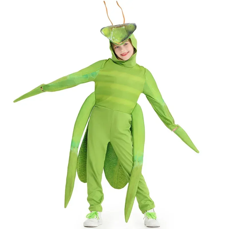 YI01 Kostum Cosplay Belalang Sembah Serangga untuk Anak-anak Jumpsuit Hijau Pakaian Topeng Kuda Pertunjukan Panggung Natal HalloweenJk8*@