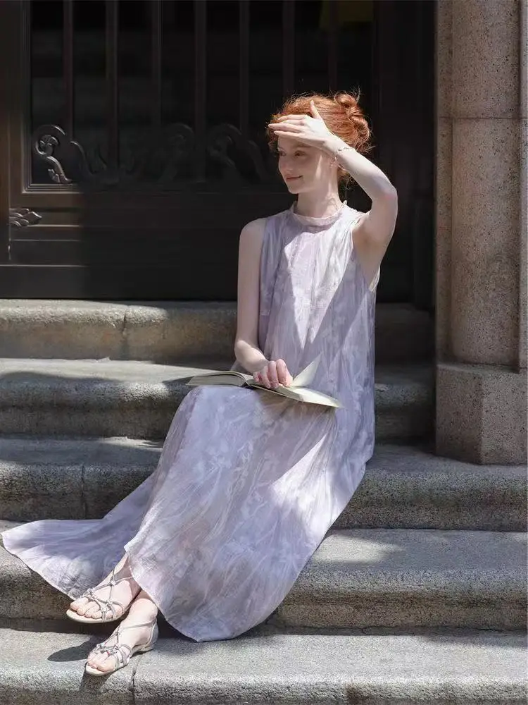 Vestido Feminino Elegante Roxo de Seda Natural de Amoreira, Modelo Longo, Casual de Verão, Gola Redonda e Sem Mangas, para Indústria Pesada