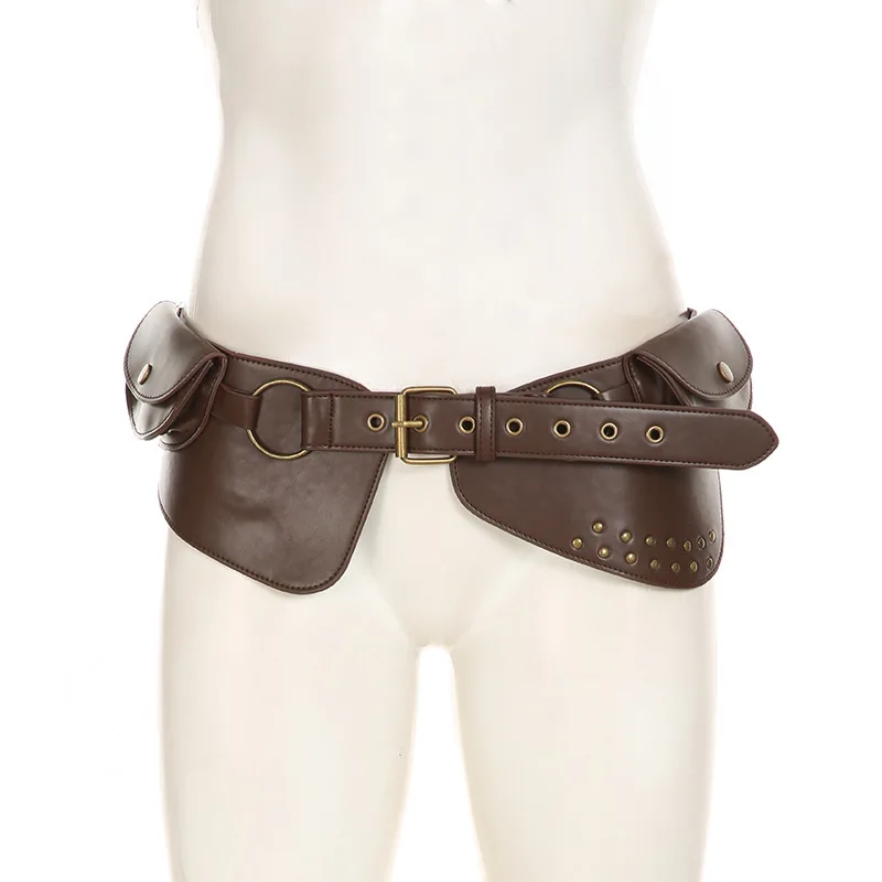 

Vintage Brown Faux Leather Waist Belt With Pocket Rivet Irregular Belt Spice Girls Street Retro Fashion Waistband Accessories