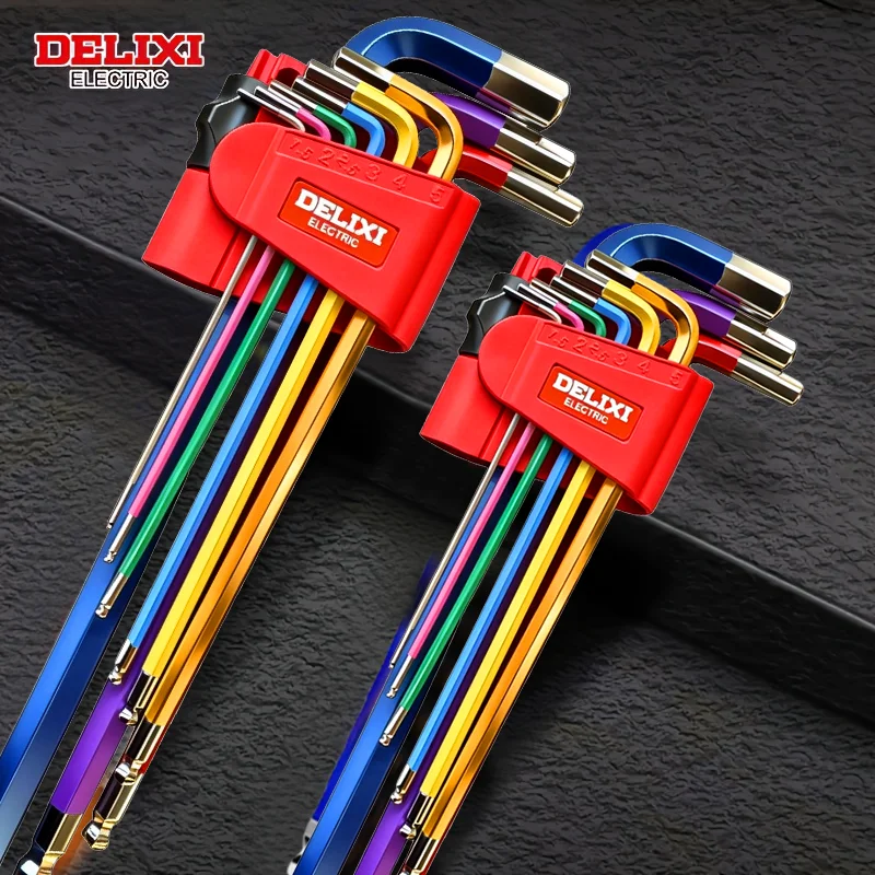 Colored Hex Key Set,Medium/Extra Long Length,9-Piece,Portable Hand Tools for Disassembly,Assembly and MaintenanceDELIXI ELECTRIC