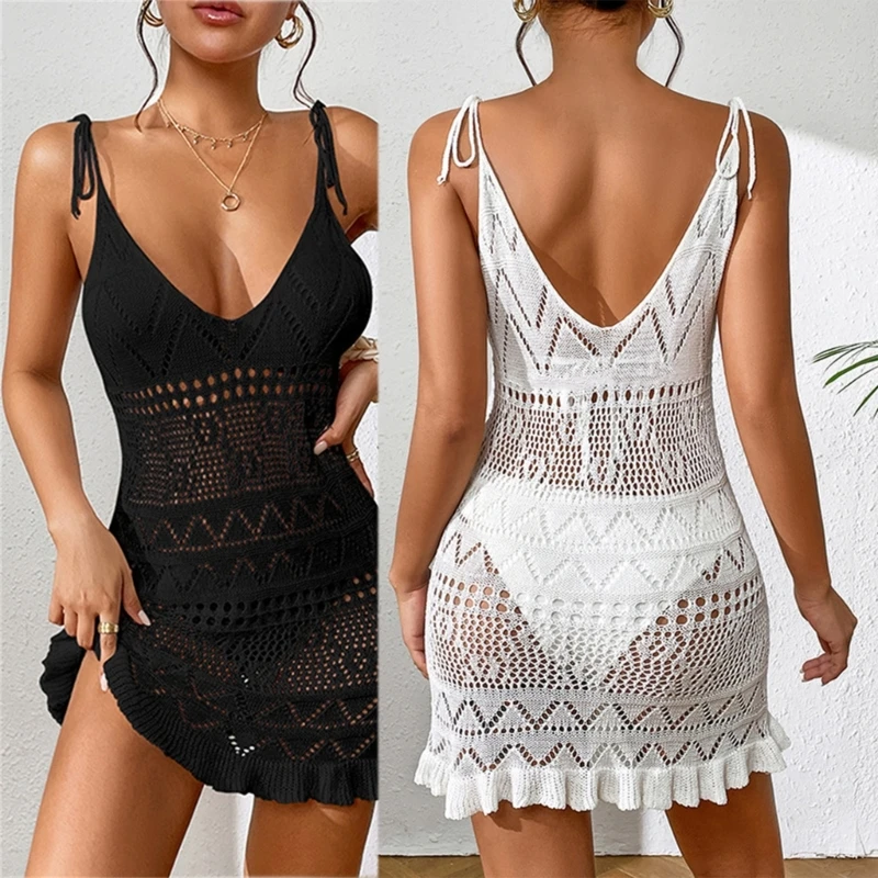 Womens Crocheted Beach-Dress Hollow out Swimsuit Cover Up See-Through Dress Bathing Suit Summer Bikinis Cover Up-Ins