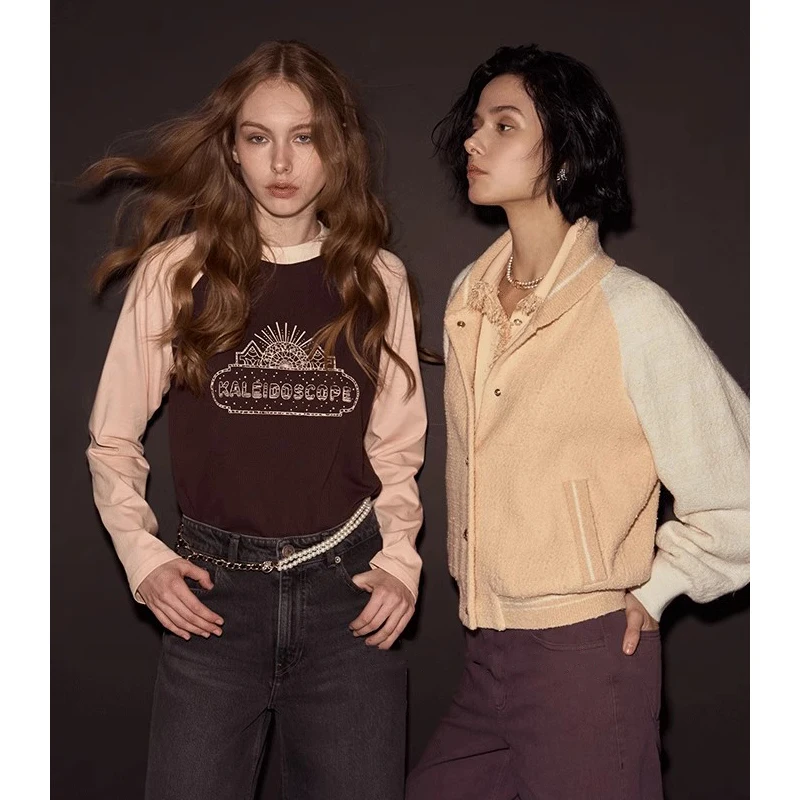 

Модная антивозрастная футболка с длинным рукавом, женская футболка с круглым вырезом и принтом, повседневная, весенняя, с эффектом похудения, два цвета