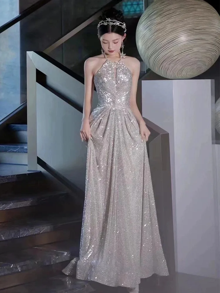 

Ele Silver Sequin Evening Gown Ne Hanging Women's Host Dr for Wedding Banquet Performance And Par Long Skirt