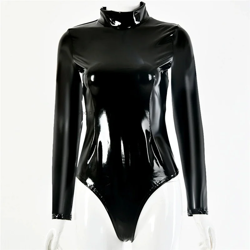 

Faux Latex High Cut Sexy Long Sleeve Bodysuit Wetlook Turtleneck PVC Catsuit Body Sculpting Bodystocking Shiny Cosplay Swisuit