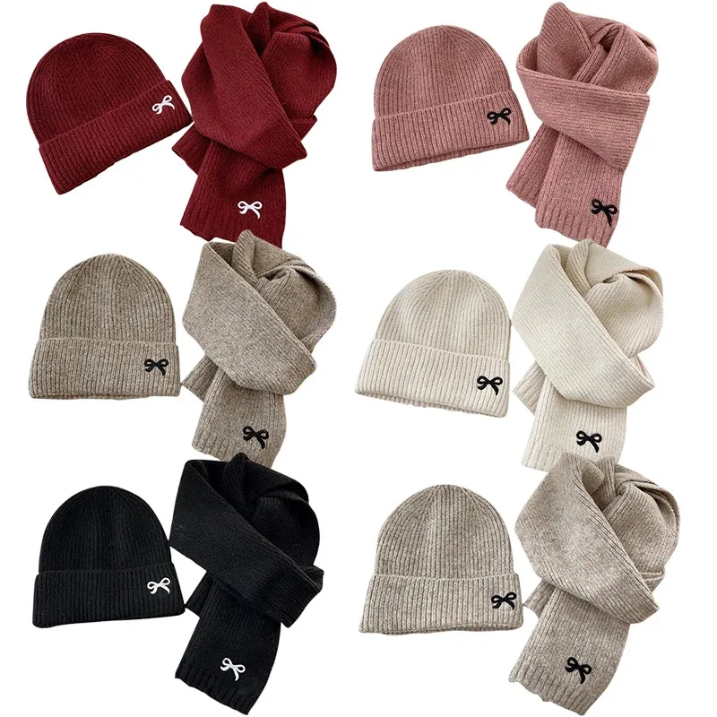 

2PCS Korean Kids Knitted Hats Scarfs Suit Winter Children Beanie Soft Thicken Girls Boys Hat Cute Bow Embroidered Warm Cap