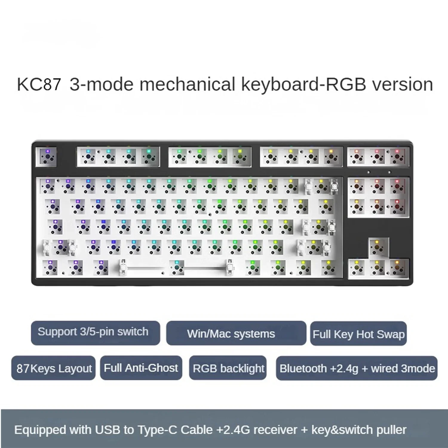 

KC87 Gaming Keyboard Kit 87 Keys Programmable Barebones Keyboard TKL Bluetooth Wireless Custom Mechanical Keyboard Base