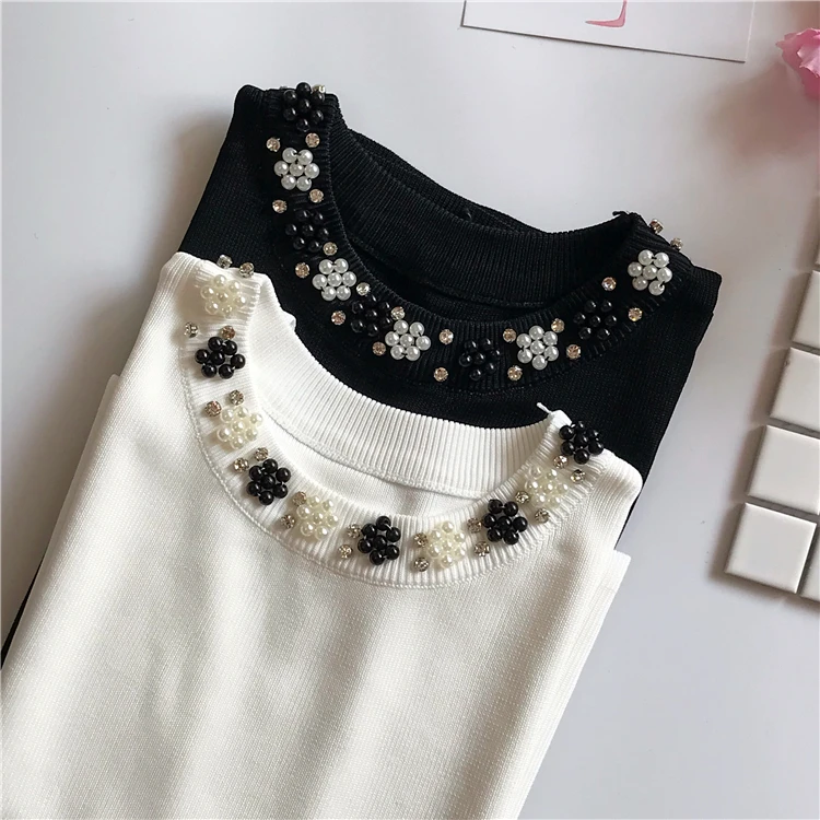 Chic O-Neck Ice Silk Knitted Vest Summer Beaded Thin Bottoming Shirt Sequin Crystal Sleeveless T-shirt Pearls Knitwear Tank Tops