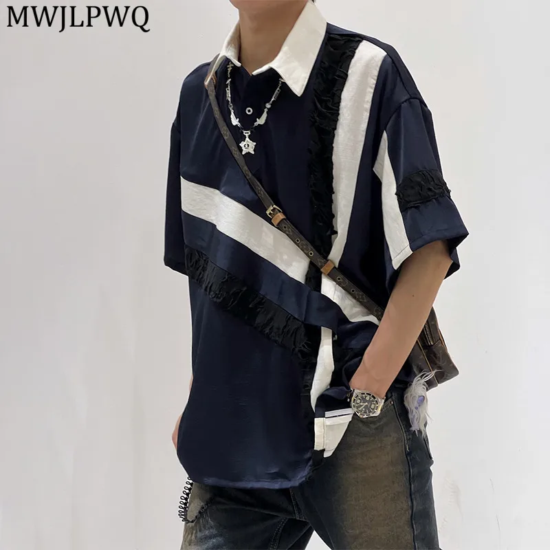 

MWJLPWQ Spliced Design Summer Men's T-Shirt High Street Turn-Down Collar Half Sleeve Trendy Elegant Tops Summer 2025 Tide 11654