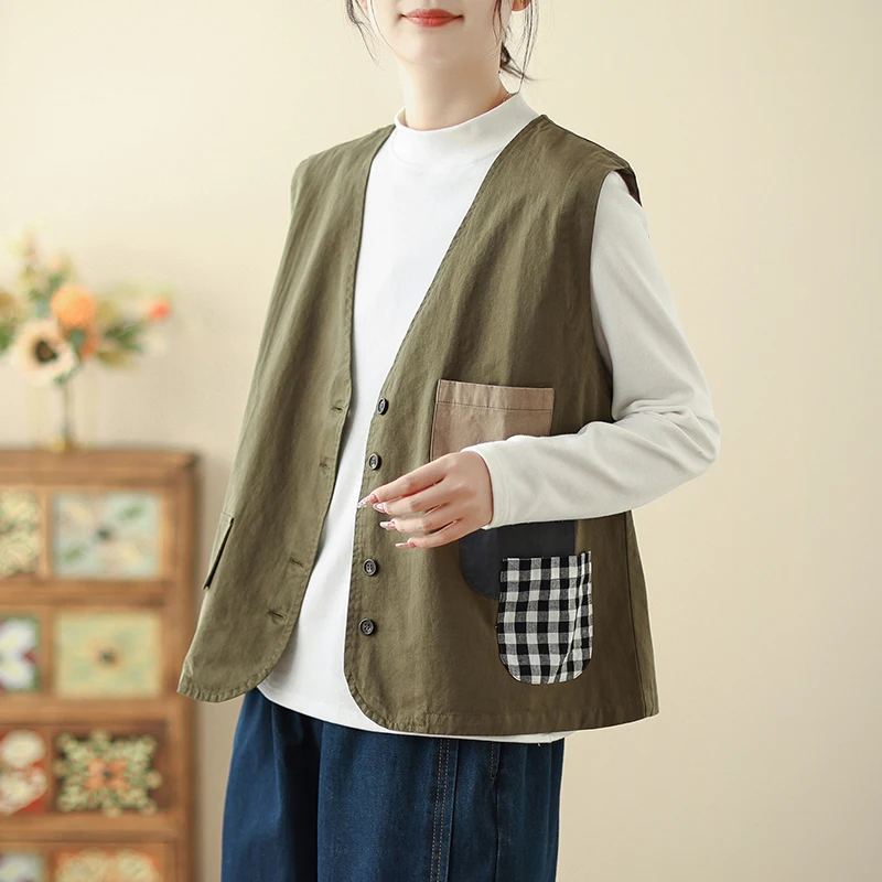 

2025 New Sle Women's Cotton V-ne Vest Faionable Retro Commuter Slimming Versatile Pure Color Biker Jaet Spring
