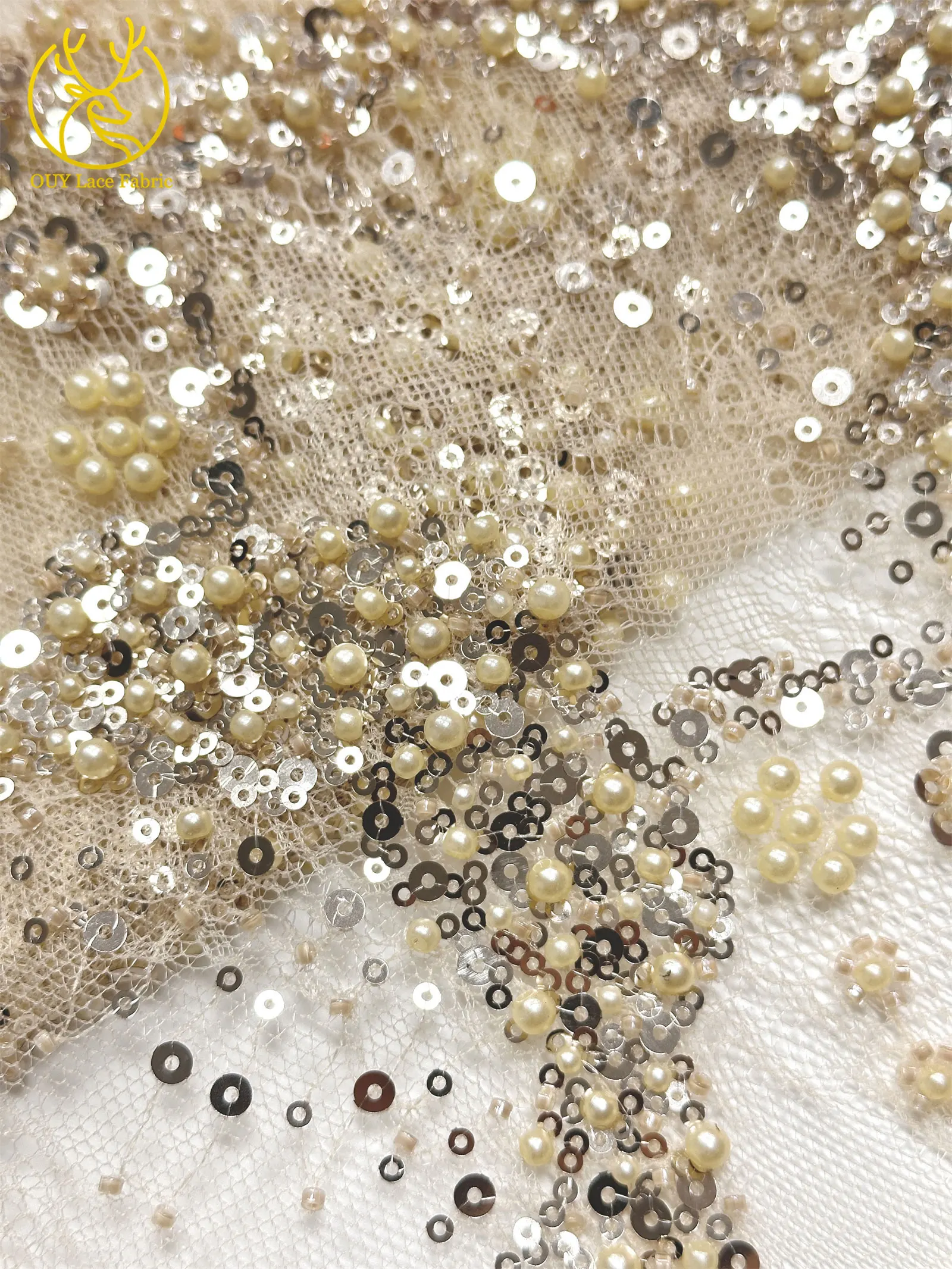 Luxuriöser französischer Kleid-Perlen-Spitzenstoff 2026, hochwertiger gelber afrikanischer Pailletten-Spitzenstoff für Frauen, Hochzeit, Party, Kleid, Nähen – Detail 14