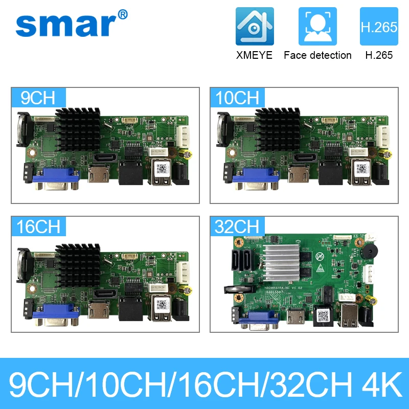 Smar CCTV 9CH 10CH 16CH 32CH 4K NVR Материнская плата H.265 + сетевой видеорегистратор для 5-мегапиксельной 8-мегапиксельной IP-камеры Поддержка распознавания лиц ONVIF