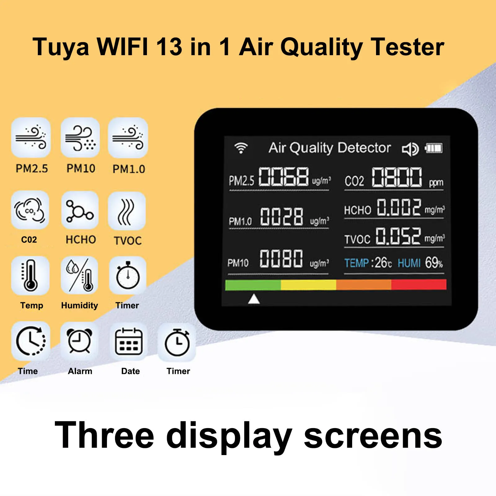 

13 in 1 Air Quality Tester WiFi Tuya CO2 PM2.5 TVOC CO2 HCHO Temperature and Humidity Tester Three Interface Display Air Quality