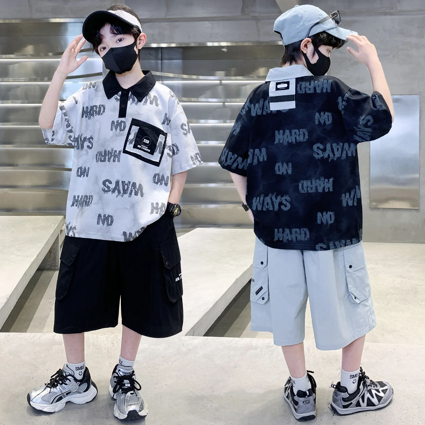 Boys Letter Print Polo Shirt Cargo Shorts 2Pcs Outfit Kids Summer Casual Short Sleeve Lapel Top Multi Pocket Workwear Shorts Set