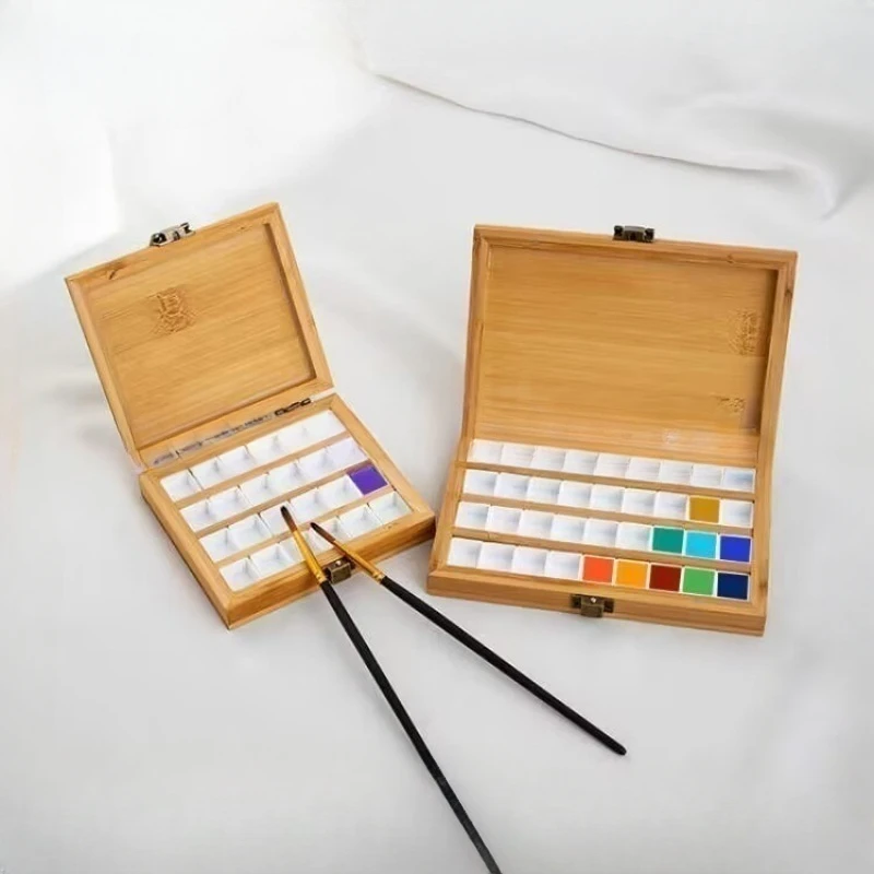 Watercolor Paint Box 24/36 Grid Empty Box Bamboo Wooden Portable Palette Cases Solid Pigment Dispenser Mixing Box