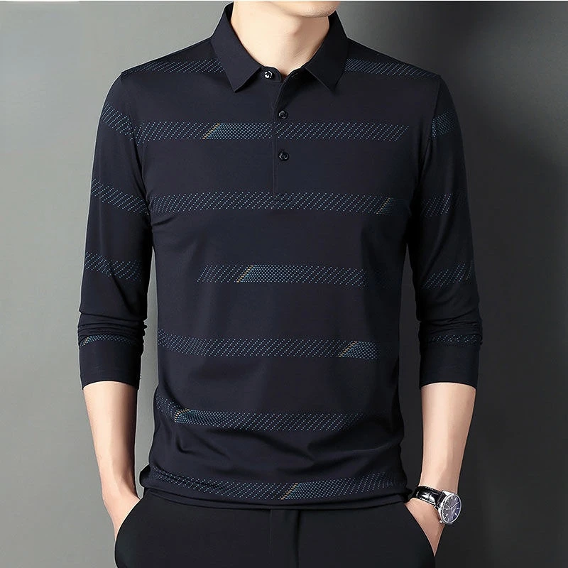 Fashion Men Long Sleeve Cotton Stripe Polo Shirts Spring Autumn New Korean Casual Male Clothes Lapel Loose Streetwear Tops 2023