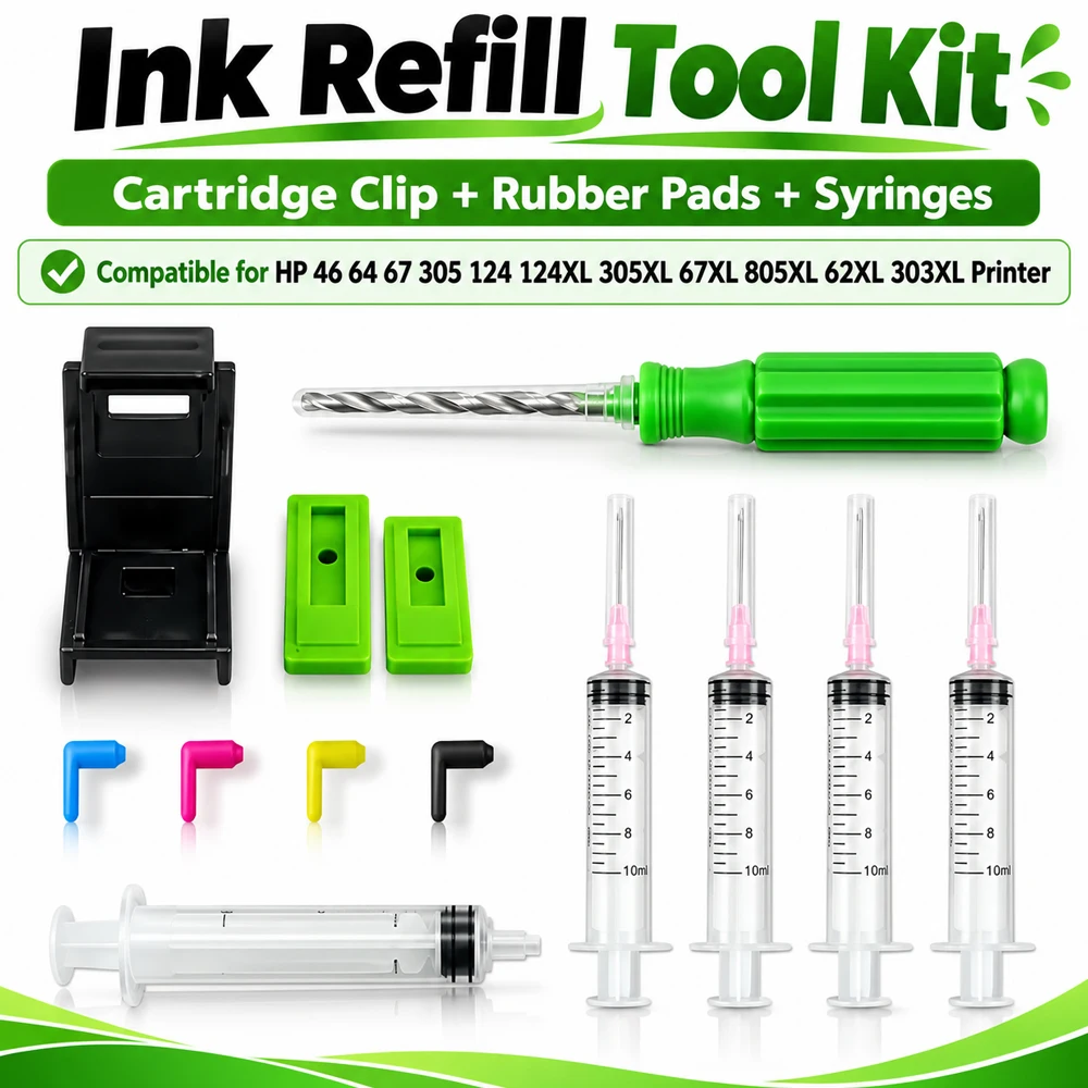 Ink Refill Cartridge Clip Rubber Pads Syringe Tool Kit Clamp for HP 46 64 67 305 124 124XL 305XL 67XL 805XL 62XL 303XL Printer
