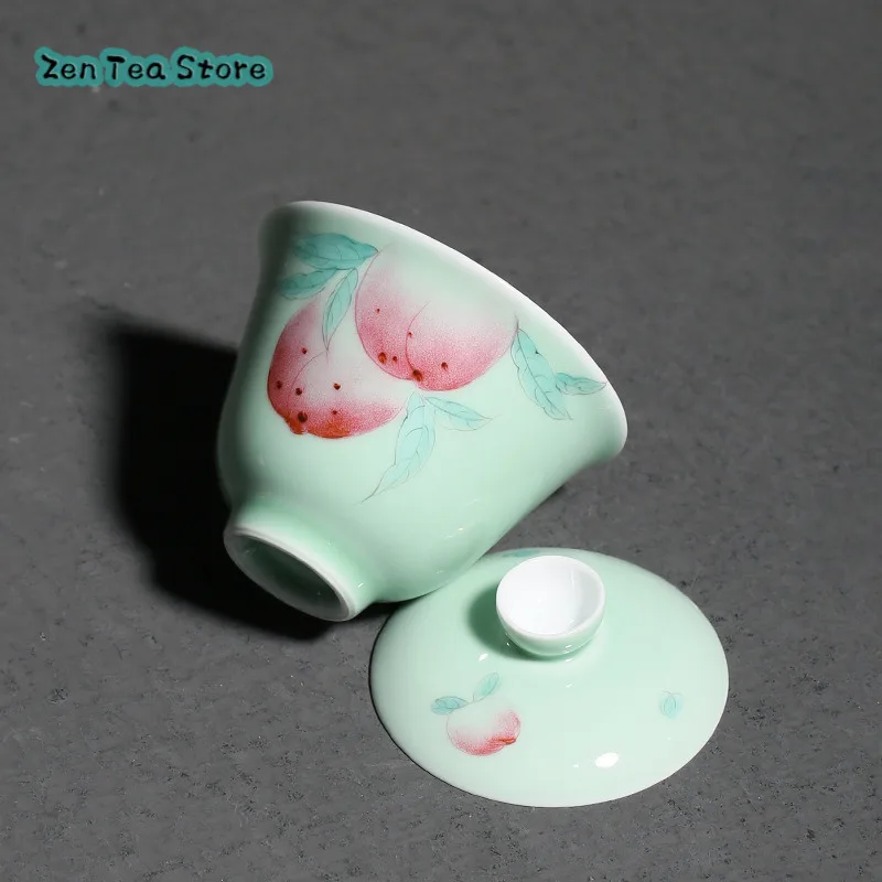 Celadon Hand Painted Peach Two Small Lid Bowl Small Fresh Home Kung Fu Tea Set Tea Bowl