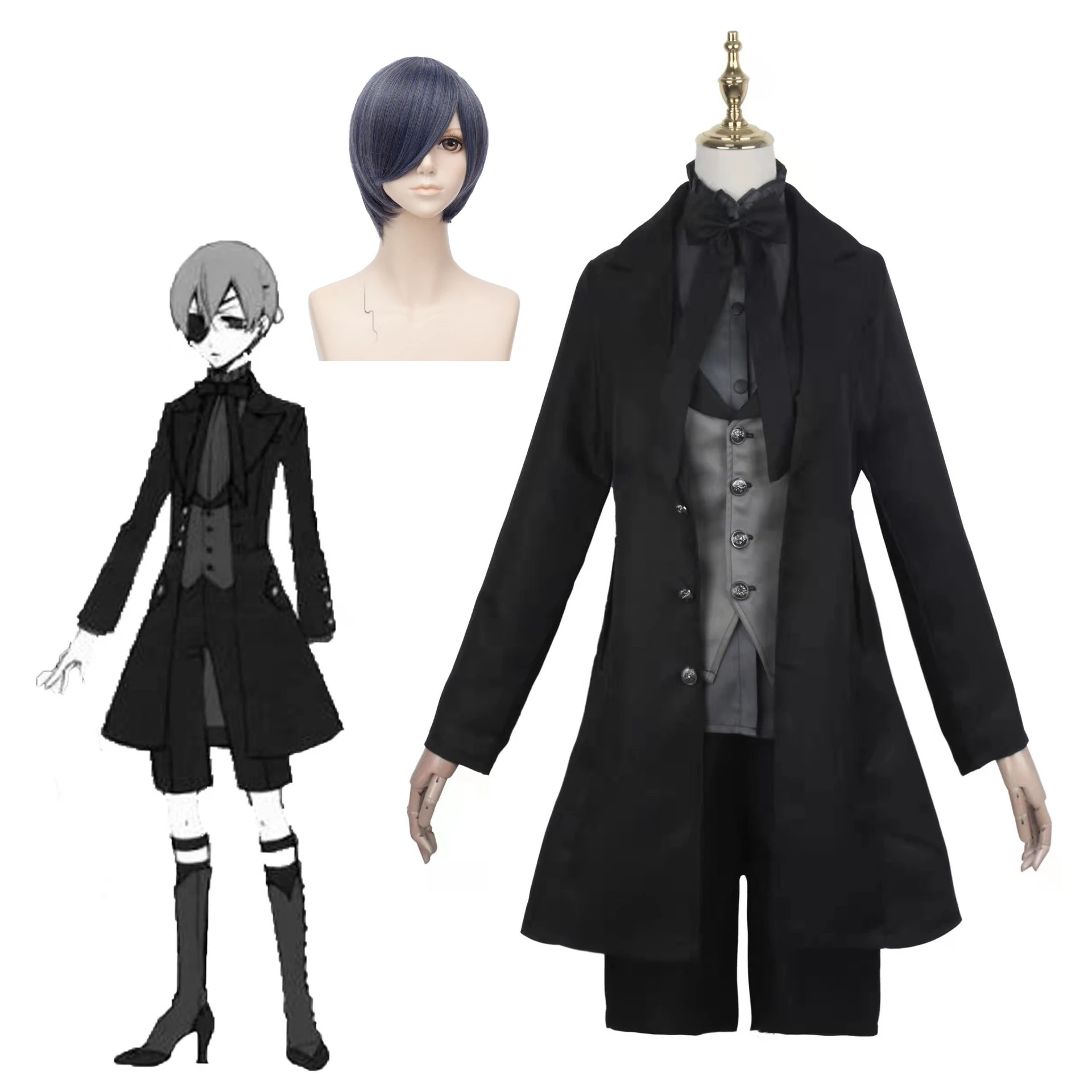 Anime Black Butler Ciel Phantomhive Cosplay Traje para homens, Interpretação de Halloween, Top, Colete, Casaco, Calças, Luvas, Cabelo curto, Peruca, Terno completo