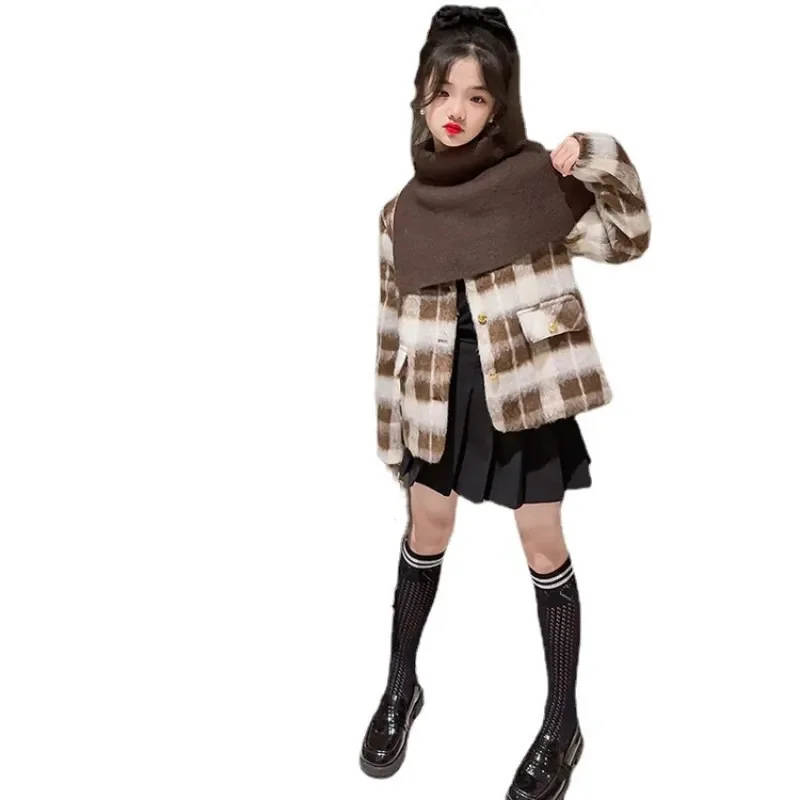 Kid Clothes for Girls Autumn Winter Thick Warm Cashmere Woolen Coat Plaid Print Outerwear with Shawl Fashion Clothing Top 4-14 Y