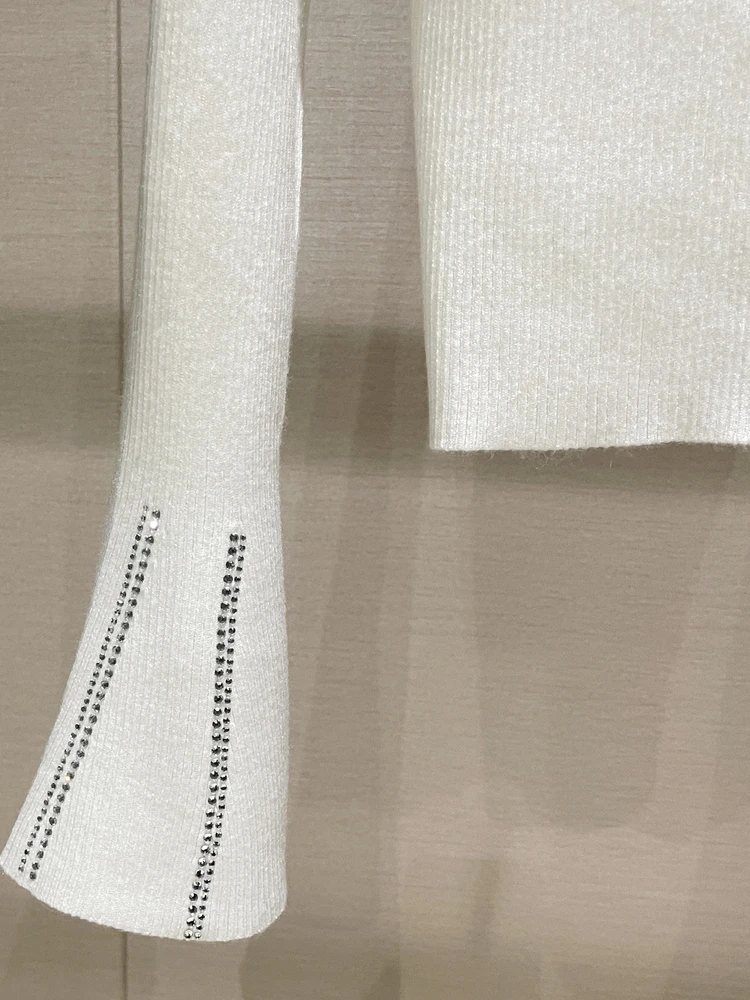 Ele V-Ne Long Sve  Embellied Knitted Open Cardigan White Luxury Casual Faion Autumn Winter New Arrival