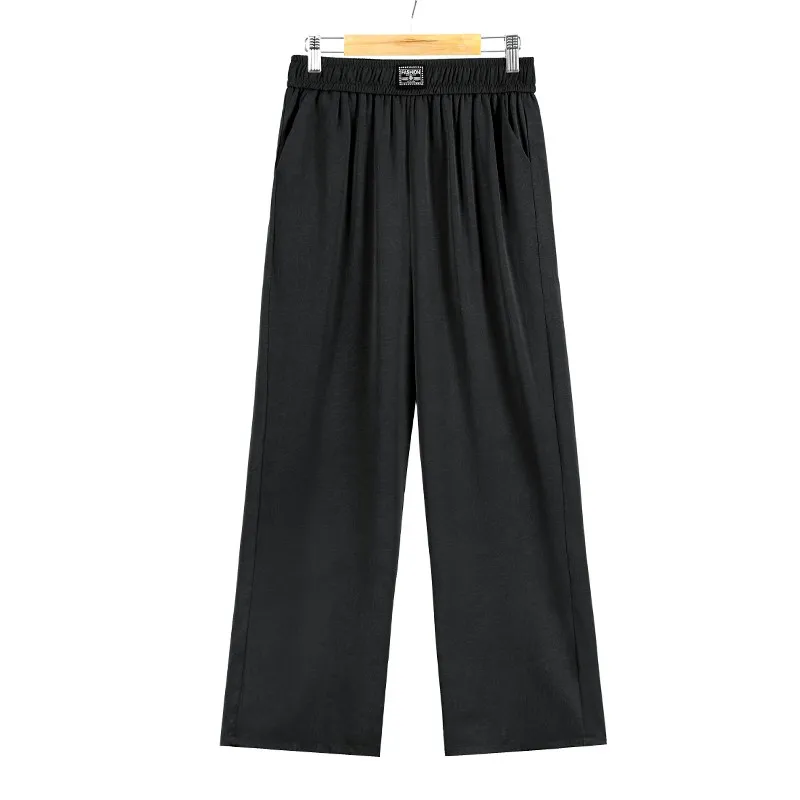 Fashion Korean Women Solid Wide Leg Pants Spring Summer Thin Elastic Imitation Silk High Waist Loose Casual Straight Trousers