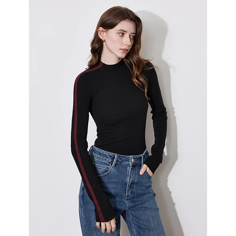 TOYOUTH Women Knitted Sweater 2024 Autumn and Winter New Turtleneck Collar Color Contrasting Knitted Tight Pullover Sweater Tops