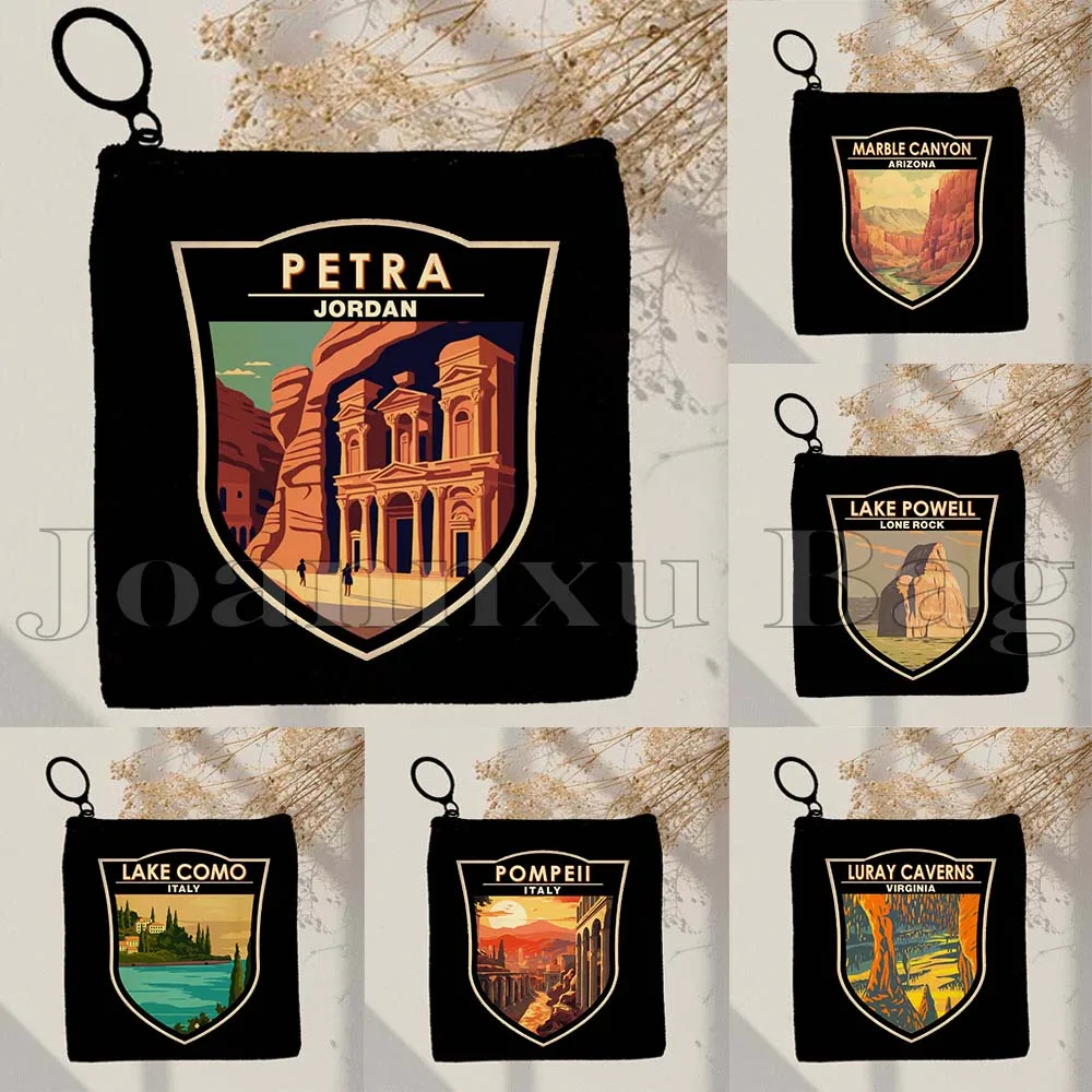 Petra Jordan Amazon River Lake Como Mesa Verde Pompeii Campania Mountain Yellowstone Park Coin Purse Key Case Bag Wallet Pouch