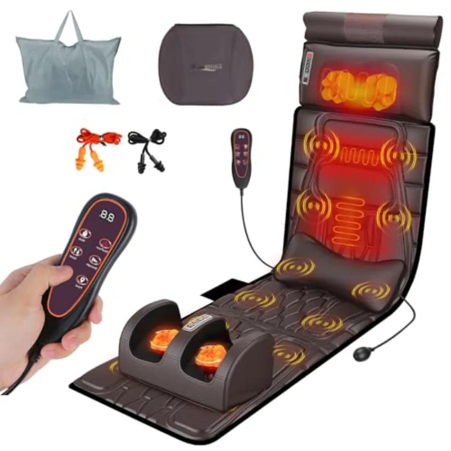 

Массажный коврик для всего тела с подогревом и вибрацией - массажер для спины из ПУ кожи с функцией шиацу, таймером нагрева, массажер для шеи и стоп, поясничная подушка, массажер для головы