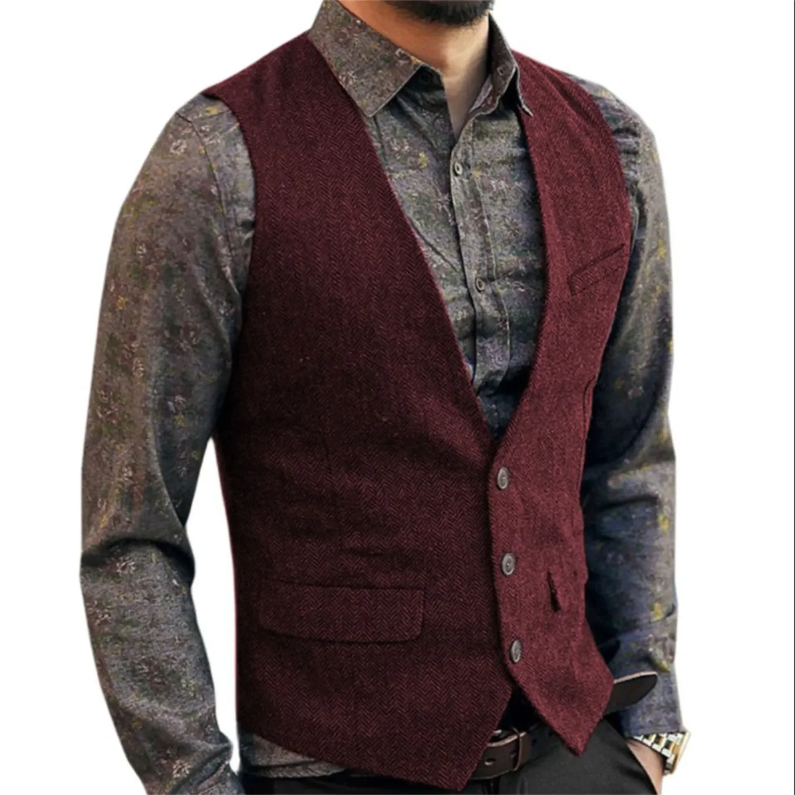 Chaleco de traje de Tweed en espiga para hombre, chaleco ajustado con una hilera de botones, ropa de novio de talla grande, chaleco de padrino de boda personalizado