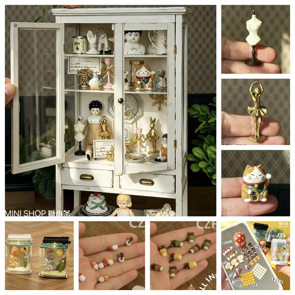 Dollhouse Miniature Furniture Ornaments, Mini Fish Tank  Toast Madeleine Milk Box Mannequin Gold Grape Doll House Scene Decor