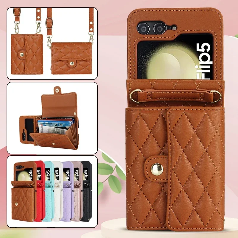 

For Samsung Galaxy Z Flip 5 4 3 5G Case Fashion Crossbody Lanyard Leather Wallet Card Slot Strap Holder Folding Shockproof Cover